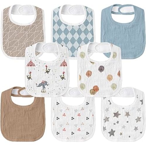 GLLQUEN BABY Muslin Drool Bibs for Boys Girls 8 Pack, Adjustable Baby Bibs for Drooling and Teething, Soft Cotton Baby Bandana Bibs for Newborn Feeding Essentials(Circus)