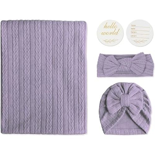 Golener Muslin Swaddle Blankets,Sleepea Swaddle with Bow Headbands, Hats Set and Newborn Name Announcement Card, Stretchy Baby Blankets for Girls and Boys Unisex, Perfect for Newborn Photos (Purple)