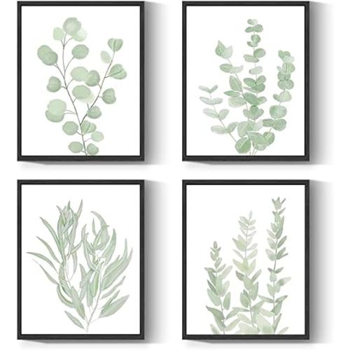 Drsoum Framed Botanical Plant Canvas Wood Wall Art Light Green Sage Wall Decor Eucalyptus Leaf Picture for Home 8”x 10” x 4pcs Black Framed