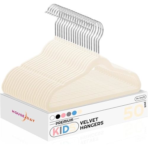 HOUSE DAY 14 Inch Kids Velvet Hangers 50 Pack, Durable Big Kid Hangers for Youth, Non Slip Kids Felt Hanger, Cute Childrens Hanger for Closet, Beige