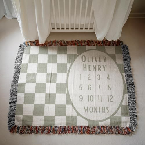 Personalized Baby Boy Milestone Blanket Custom Checkered Name Baby Blanket Baby Shower Gift for Newborn Boy Keepsake Classic Nursery Decor
