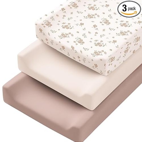 Konssy 3 Pack Stretchy Changing Pad Covers, 32"x16" Changing Table Sheets | Silky Soft & Breathable Fabric, 360° Full Elastic Fit, Floral Printed & Solid Designs, for Baby Girls & Boys (Blossom)