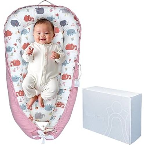 Baby Lounger Pillow for Newborn, Breathable Soft Cotton, Baby Lounger 0-24 Months, Portable Design, Adjustable, for Home and Travel, Snuggle me Lounger,Co-Sleeper, Soft & Comfortable-Elephant