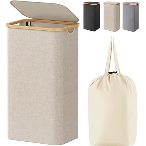 Lifewit 100L Laundry Basket with Lid, Clothes Hampers for Laundry with Bamboo Handles and A Removable Bag, Large Foldable Laundry Hamper for Bedroom, Bathroom, Dorm, Laundry Room, Beige