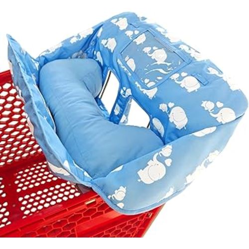Soft Pillow Attached 2-in-1 Shopping Cart and High Chair Cover for Baby, Cotton Padded Cart Cover, Fold'n Roll Style, Portable with Carry Bag (Blue Elephant)