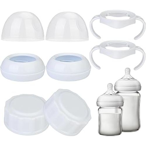 8Pcs Baby Bottle Cap and Handle Kit, Compatible Natural Baby Bottle, Safe & BPA-Free Material, Lids and Handle Replacement Accessories for Wide-caliber Baby Bottle