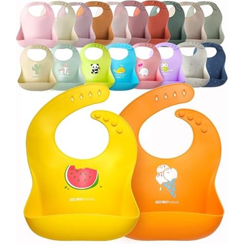 2-Pack Waterproof Silicone Baby Bib Lightweight Comfortable Easy-Wipe Clean (Orange/Yellow, Small)