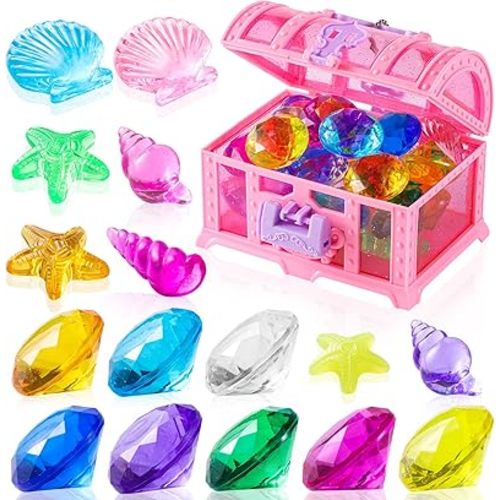 28 Pcs Colorful Diving Gem Pool Toys Set with Treasure Pirate Box Swimming Gem Pirate Diving Toys Underwater Toy for Pool Use Treasures Sets (Multicolor 30-40mm)