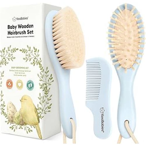 Baby Hair Brush and Comb Set for Newborn - Wooden Baby Hair Brush Set with Soft Goat Bristle, Baby Brush Set for Newborns, Baby Brush and Comb Set Girl, Boy, Toddler Cradle Cap Brush (Oval, Frost)