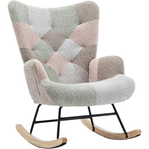 Rocking Chair for Nursery, Upholstered Teddy Fabric Nursing Chair with High Backrest, Modern Accent Glider Rocker Chair for Living Room Bedroom (Macaroon)