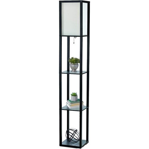 Simple Designs LF1014-BLK 62.5" Modern Etagere Organizer Storage 3 Shelf Floor Lamp with White Linen Fabric Shade for Home Décor, Office, Study, Bedroom, Living Room, Dining Room, Black