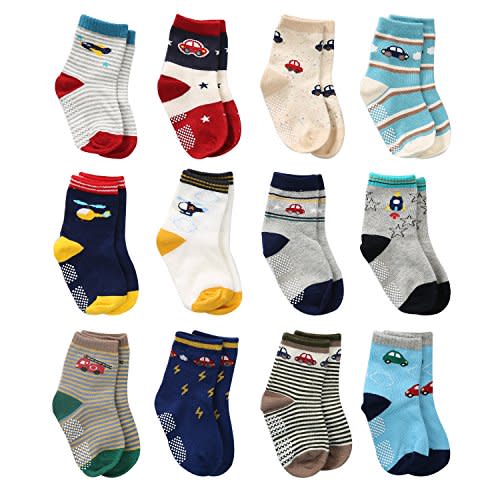 12 Pairs Toddler Boy Socks Grip Socks Baby Boy Cotton Socks Non Slip, Infant Newborn Socks Boy Anti Skid Socks for Kids Boys