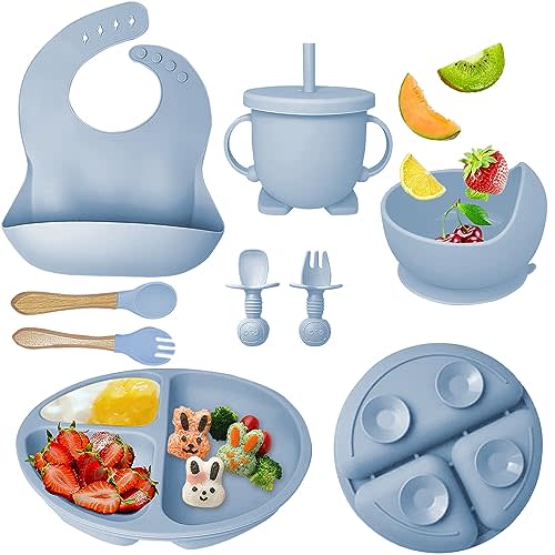 Mrkyy Silicone Baby Feeding Set, Baby Led Weaning Supplies with Suction Bowl Divided Plate, Toddler Self Feeding Dish Set with Spoons Forks Sippy Cup Adjustable Bib, Baby Eating Utensils(Grey Blue)
