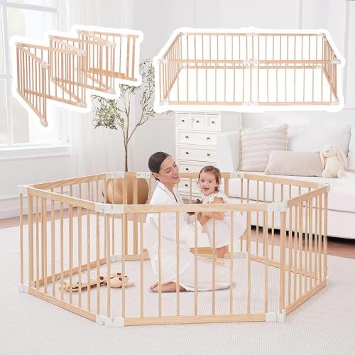 Wooden Playpen & Play Yards for Babies and Toddlers, 64 * 32inch Foldable Wood Baby Play Fence with Locking Gate, Kids Activity Area Center Indoor Outdoor, Pinewood