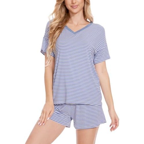 LazyCozy Striped Pajama Set for Women, Viscose Made from Bamboo, Short Sleeve Shirt with Sleep Shorts Soft PJ Set