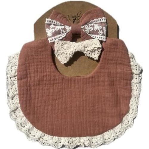 Baby Girl Gift Set, Muslin BoHo Bib with Lace and Matching Bows, Absorbent Cotton Adjustable Bib for Newborn Infant Toddler
