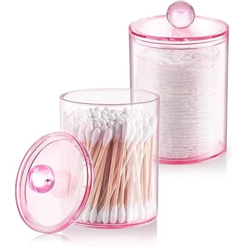 Qtip Holder Dispenser, 2 Pack 10 oz, 12 oz Plastic Apothecary Jar Set for Bathroom Canister Storage Organization,Vanity Makeup Organizer for Cotton Swab, Ball, Pads, Floss.(Pink)