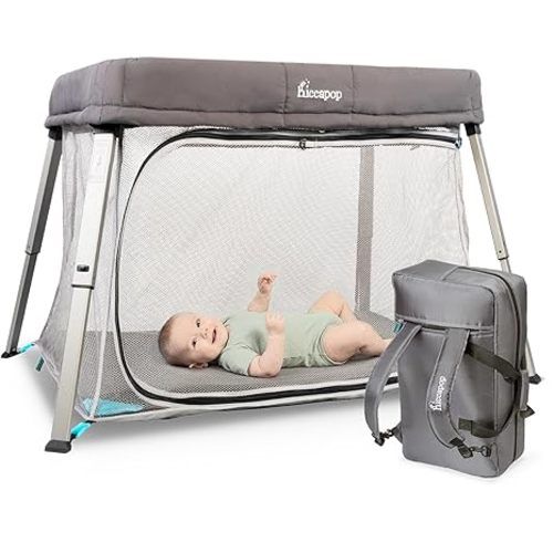 Hiccapop TravelPod Portable Crib for Baby, Lightweight, Foldable Travel Crib for Baby and Toddlers with Zippered Door, Waterproof Base & Carry Bag