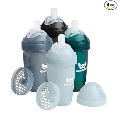 Herobility Anti-Colic Baby Bottles 8.5 oz/240ml - Pack of 4 Plastic Baby Bottles, Medium Flow Plastic Bottles, Breast-Shaped Teat for Breastfed Babies- Multicolor -Black, Dark Green, Iron Blue, Grey