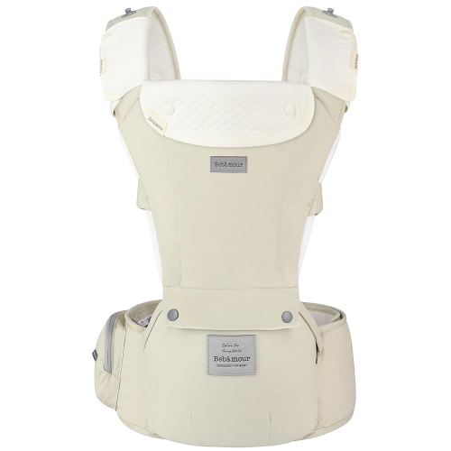 Bebamour Baby Carrier Safety-Certified Hip Seat Baby Carrier Newborn to Toddler Baby Hipseat 0-36Months with Head Hood, 3 PCS Teething Pads, Waist Extender & Storage Bag (Khaki)