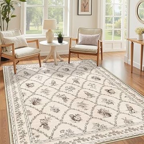 Living Room Rug 5x7 Rug Machine Washable Boho Area Rug Non Slip Floral Animal Vintage Low Pile Large Rugs for Living Room, Bedroom, Farmhouse, Dining Room, Kids Playroom,Taupe Gray