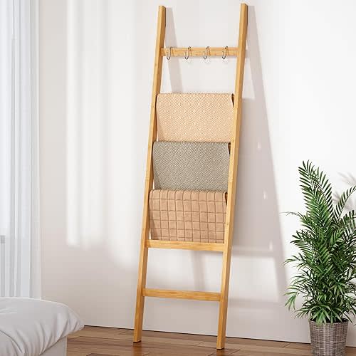 Blanket Ladder 6-Tier,Bamboo Towel Rack with 2 Anti-Tip Straps and 4 Hooks, Easy Assembly Wall-Leaning Rack, Rustic Decorative Farmhouse Storage Shelf (Natural)