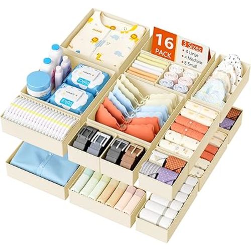 DIMJ Drawer Organizer Clothes - 16 Pack Baby Dresser Organizer for Nursery, Foldable Drawer Organizer Bins for Closet Bedroom Organization, Fabric Clothes Storage Dividers for Underwears, Socks, Bras