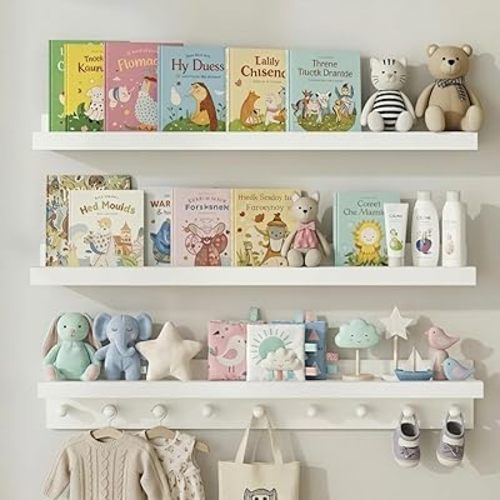 MBYD Solid Wood White Nursery Book Shelves for Kids Room, 36 Inch Wall Shelf with Hooks & Floating Shelf with Pegs, Picture Ledge to Organize Books, Baby Essentials, Declutter Space & Hang Clothes