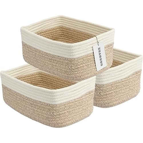 Small Woven Storage Baskets 12“X8”X5“ Decorative Rope Bins for Organizing Shelves, Closets, and Toys, Empty Gift Baskets, Cute Organizer Basket for Home and Office (white and brown regular)