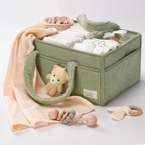 PeraBella Baby Diaper Caddy Organizer for Changing Table, Baby Storage Basket for Diapers and Baby Wipes, Gift for Baby Shower, Car Caddy Organizer, Nursery Diaper Organizer, Portable Diaper Storage - Extra Large - Lily Green