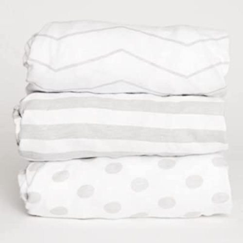 3 Fitted Gray Mini Crib Pack n Play Playard Portable Crib Sheets Set - 100% OEKO-TEX Cotton Baby Girl/Boy Nursery Bedding, Gender Neutral Polka Dot Stripe Travel Pack and Play Playpen Sheet