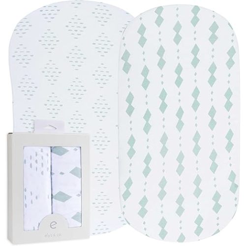 Bassinet Sheets Fitted Cover - Flexible Fit 100% Soft Jersey Knit Cotton - Neutral Grey Sage Diamond - 2 Pack Set