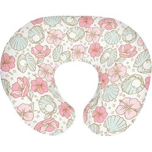 Boho Summer Mermaids Floral Nursing Pillow Covers for Boy Girl Beach Seashells Conch Tropical Flowers Nursery Slipcovers for Breastfeeding Pillows Ocean Marine Soft Stretchy Cover for Newborn Infant