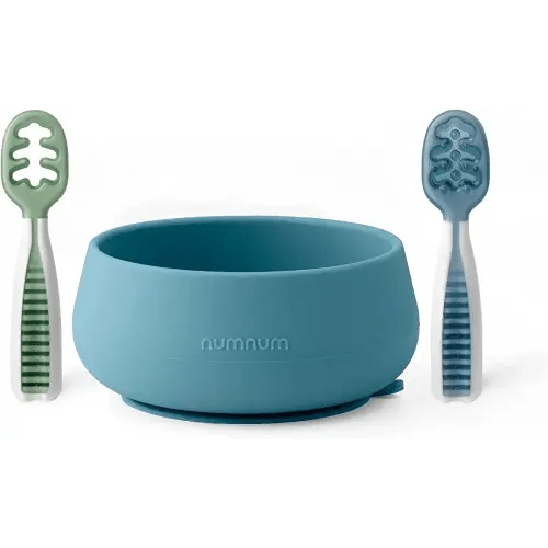 NumNum Pre-Spoon GOOtensils + Suction Bowl Self Feeding Set for Babies & Toddlers | Baby Spoon Set (Stage 1+ 2) | 100% Food Grade Silicone BPA-Free | Strong Suction | 4 months+ (Blue/Glacier Green)