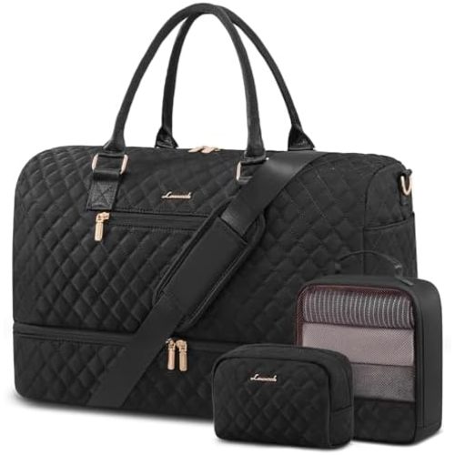 LOVEVOOK Travel Duffle Bag for Women, Weekender Overnight Bag with Shoe Compartment, Carry on Bag with Toiletry Bag, Gym Duffel Bag with Wet Pocket, Hospital Bags for Labor and Delivery 3 Pcs Set