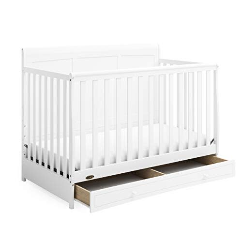 Graco Asheville 5-in-1 Convertible Crib with Drawer (White) – GREENGUARD Gold Certified, Crib with Drawer Combo, Full-Size Nursery Storage Drawer, Converts to Toddler Bed, Daybed and Full-Size Bed
