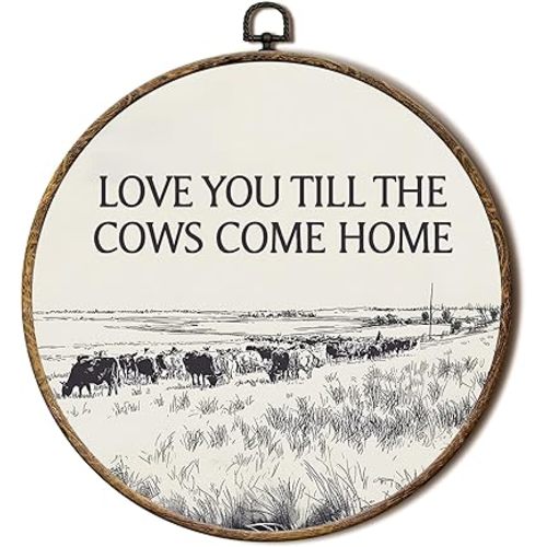 FSTCSV Rustic Western Cow Round Wall Art Framed, Western Cowboy Cows Canvas Prints Wall Hanging Art, Farmhouse Love You Till The Cows Come Home Circle Walls Decor for Home Living Room Bedroom,10x10in