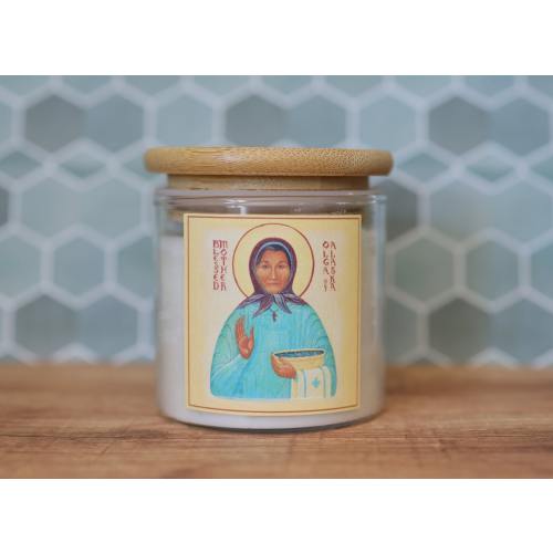 Matushka Olga of Alaska Orthodox Christian candle |100% Organic White Beeswax and Coconut Oil | 4oz/8oz SQUARE Candle Unscented|Saints Quote