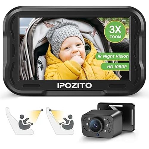 IPOZITO Baby Car Camera, 4.3'' Monitor with IR Night Vision, 3X Zoom in Closer, Easily Install Baby Car Mirror 1080P Clear Car Baby Camera for Rear Facing Seat Backseat