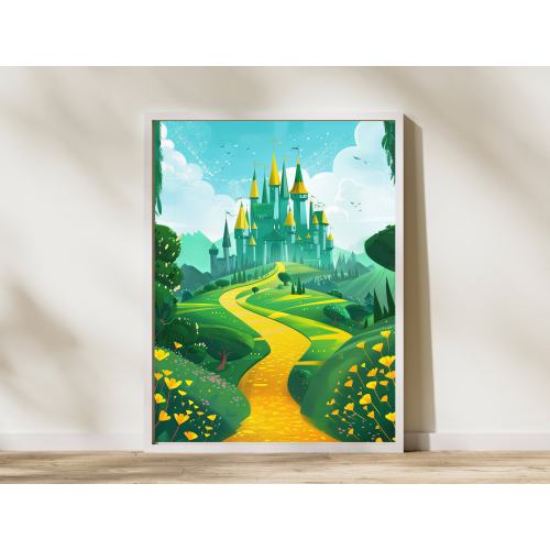 Wizard of Oz Wicked Fairytale Vintage Retro Travel Poster, Yellow Brick Road Kids Nursery Room Decor, Classic Fairytale Wall Art