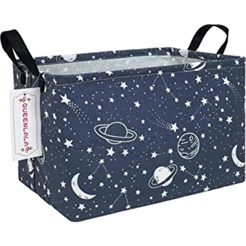 QUEENLALA Rectangular Laundry Hamper/Foldable Nursery Laundry Basket for Organizing/Storage Bin Baskets/Children Toy Office Bedroom/Toy Bin Closet Shelf Baskets(Rec-blue-starry sky)