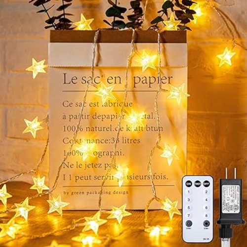 Minetom Star String Lights Plug in - 66 ft 200 LED Star Fairy String Lights with Remote and Timer, 8 Modes Waterproof for Bedroom Tent Loft Bed Window Backyard Patio Porch Balcony Party, Warm White