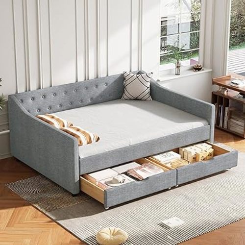 Full Size Upholstered Daybed with Two Storage Drawers,Tufted Day Bed w/Button on Back and Piping on Waved Shape Arms for Bedroom Guest Room, No Box Spring Needed,Light Grey