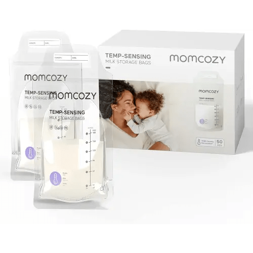 Momcozy Breastmilk Storage Bags 50pcs, Temp-Sensing Discoloration Milk Storing Bags for Breastfeeding, Disposable Milk Storage Bag with 6oz Self Standing, No-Leak Milk Freezer Storage Pouches