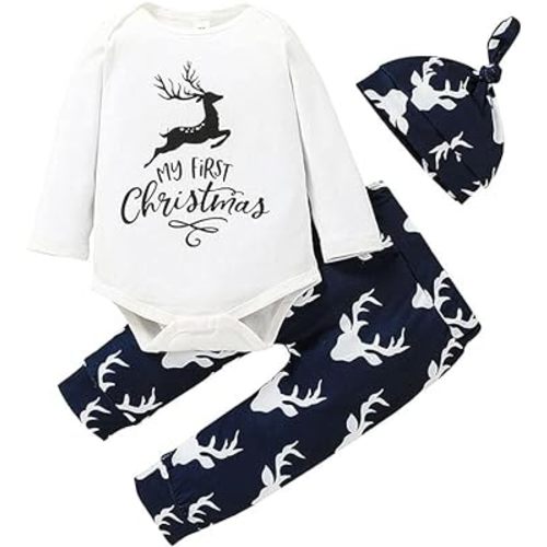 Christmas Outfits Baby Girls Boys My First Christmas Rompers Onesie + Stripe Deer Print Pants+ Christmas Hat