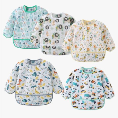 5 Pack Long Sleeve Bib,Baby Toddler Waterproof Sleeved Bib for 6-30 Months Reusable with Catch-all Pocket