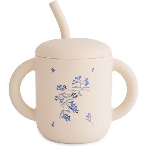 mushie 100% Silicone Training Cup & Straw for Toddlers | 6 Months+ (Lilac Flowers)