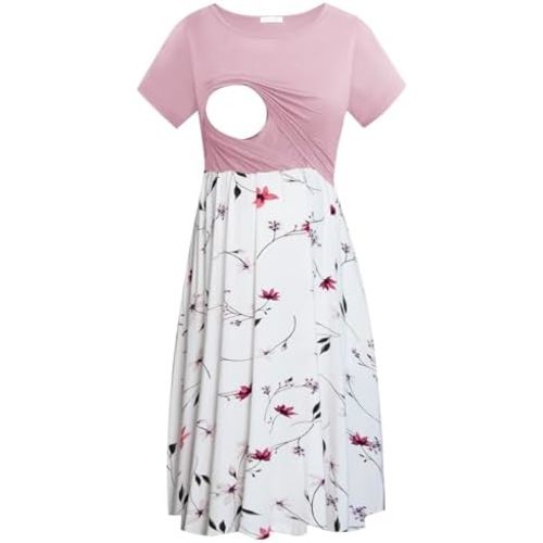 Smallshow Women's Short Sleeve Patchwork Nursing Dresses for Breastfeeding