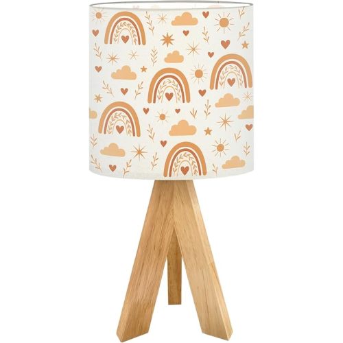 Tripod Bedside Desk Table Lamp Cute Boho Rainbow Seamless Sun Hearts Stars Terracotta Brown Peach for Wood Nightstand Lamp with Linen Fabric Shade for Nursery Bedroom Living Room Kids Room