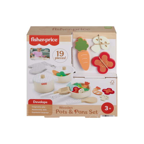 Fisher-Price Wooden Kitchen Pots & Pans Set, 19 Wood Pieces for Preschool Pretend Play, Ages 3+ Years
